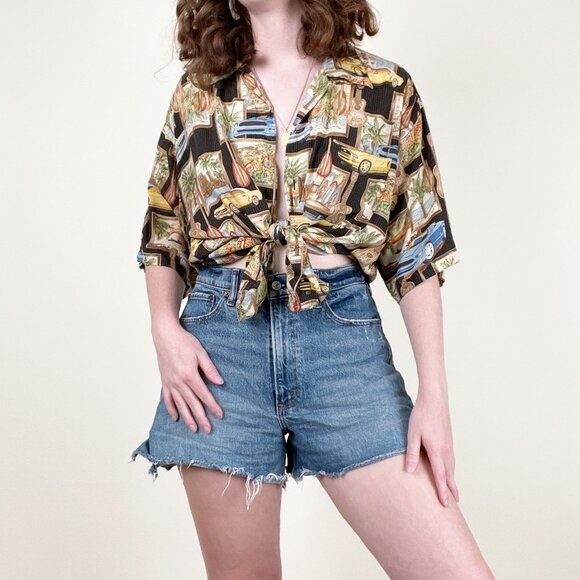 Vintage Novelty Hawaii Car Print Button Down Blouse Oversized Top Hawaiian Shirt - Picture 9 of 9